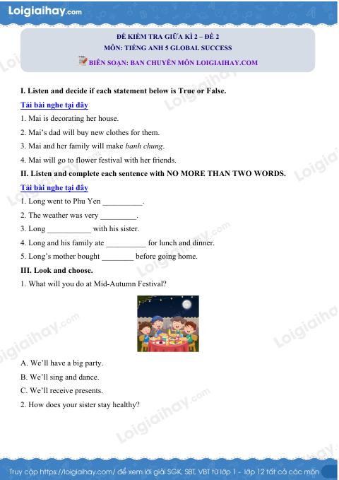 Đề thi giữa kì 2 Tiếng Anh 5 Global Success - Đề số 2
